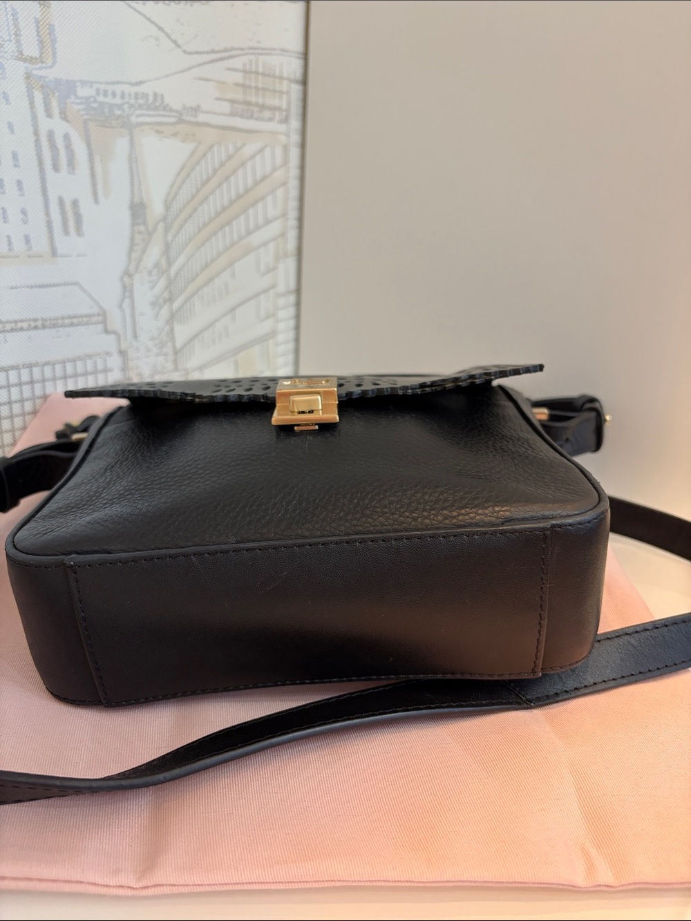RADLEY LONDON Black Leather Crossbody with Cream Floral Cutouts and Gold Lock - Picture 6 of 16